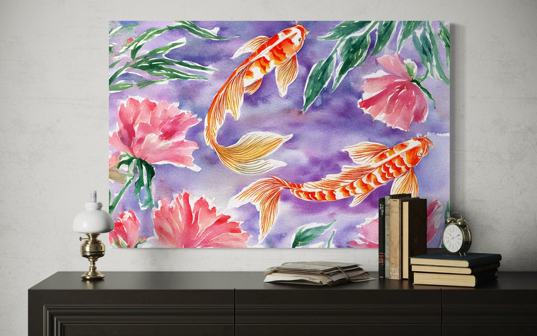 Purple koi fish watercolor wall art with pink flowers.
