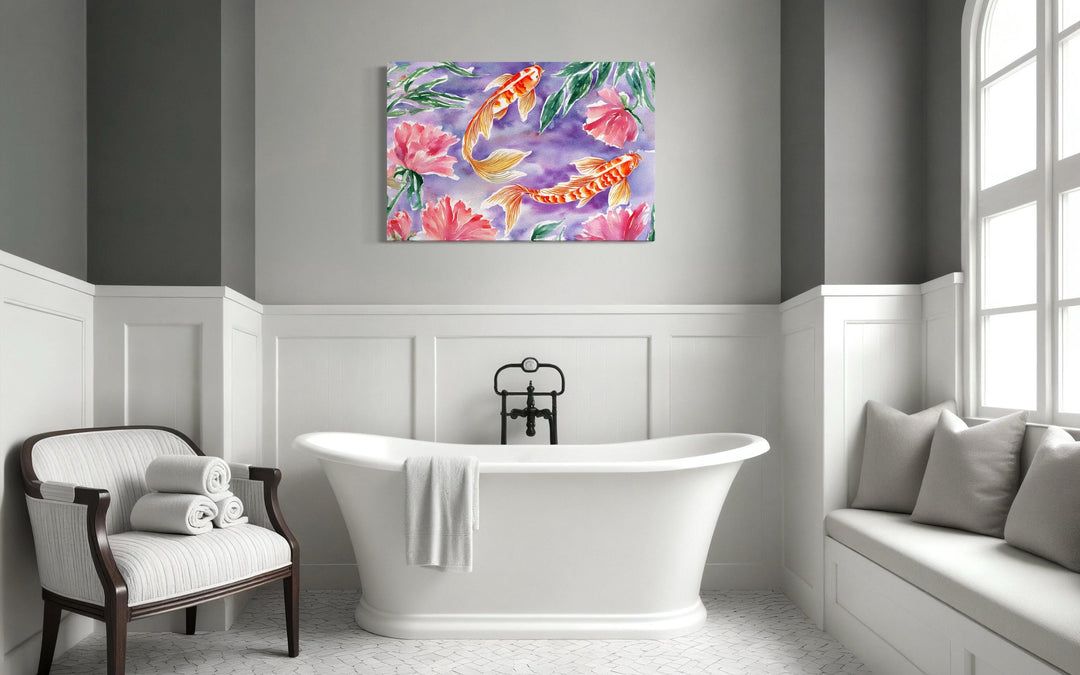 Purple koi fish watercolor wall art with pink flowers.