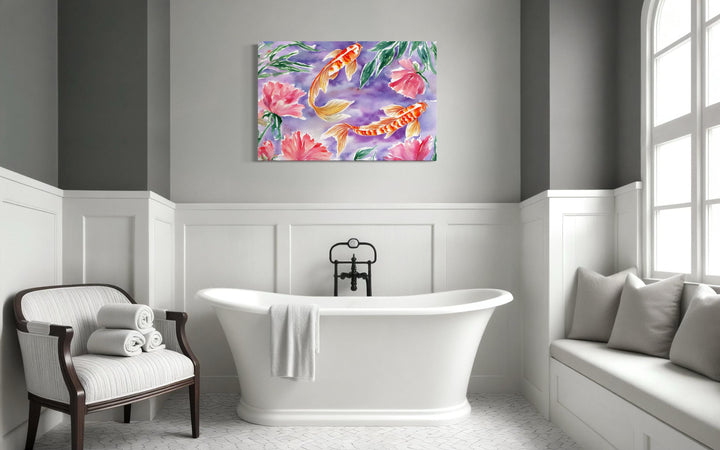 Purple koi fish watercolor wall art with pink flowers.