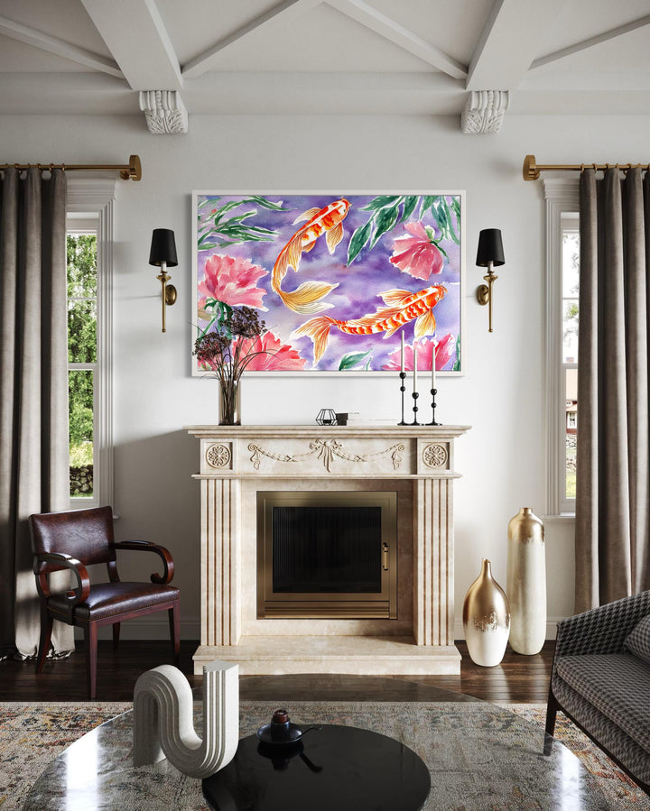 Purple koi fish watercolor wall art with pink flowers.
