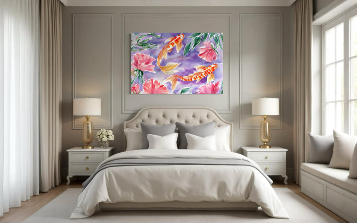 Purple koi fish watercolor wall art with pink flowers.
