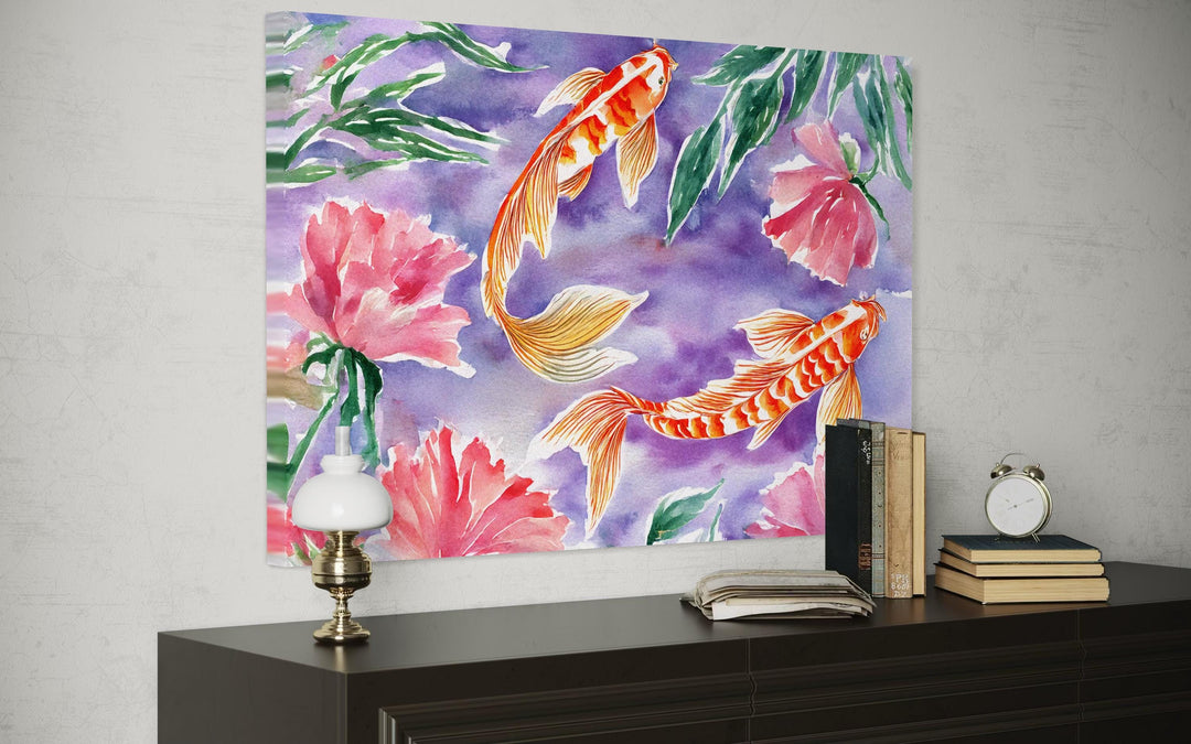 Purple koi fish watercolor wall art with pink flowers.