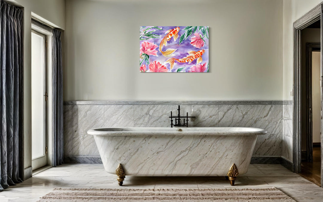 Purple koi fish watercolor art with pink flowers.