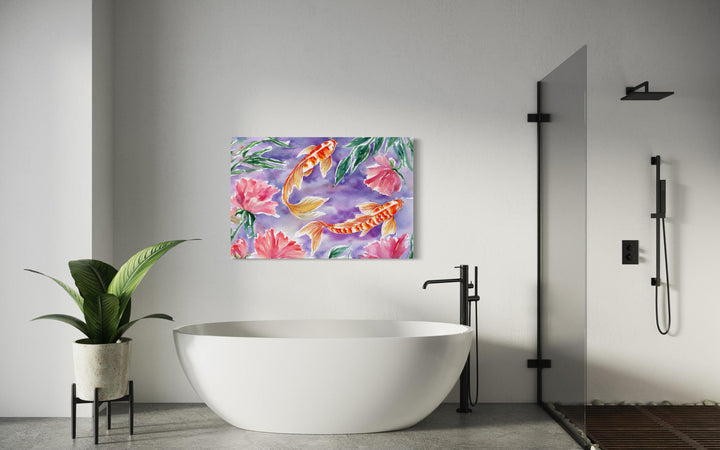 Purple koi fish watercolor wall art with pink flowers.