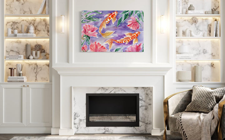 Purple koi fish watercolor wall art with pink flowers.