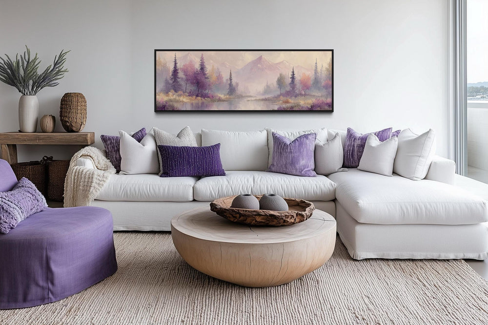 Purple Lake Mountains And Trees Landscape Long Horizontal Wall Art