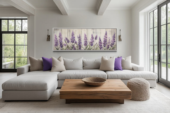 Purple Lavender Wildflowers Above Bed Framed Canvas Wall Art