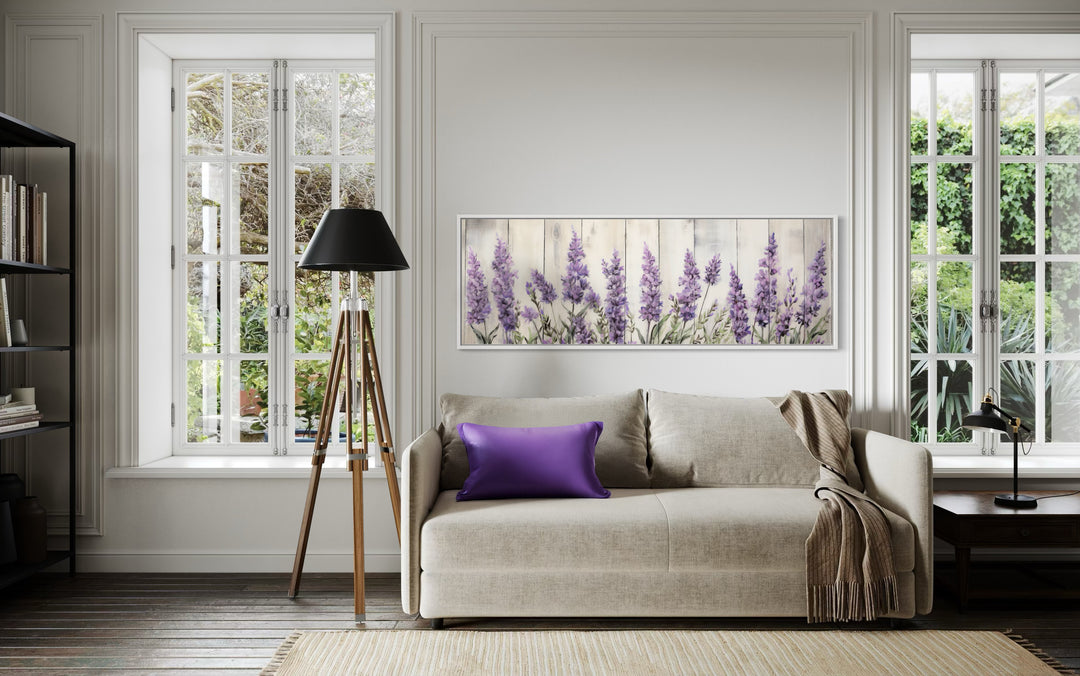 Purple Lavender Wildflowers Above Bed Framed Canvas Wall Art