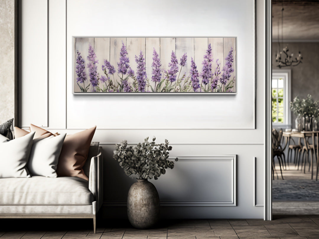 Purple Lavender Wildflowers Above Bed Framed Canvas Wall Art