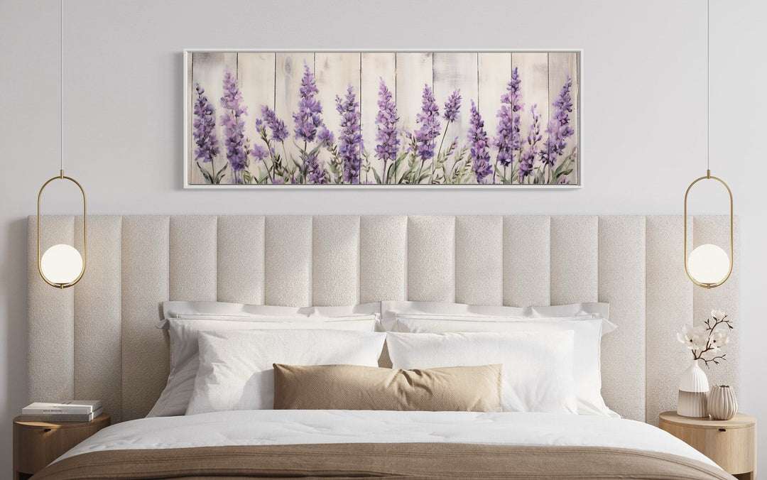 Purple Lavender Wildflowers Above Bed Framed Canvas Wall Art