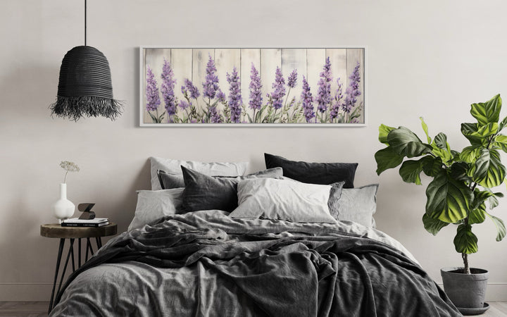 Purple Lavender Wildflowers Above Bed Framed Canvas Wall Art