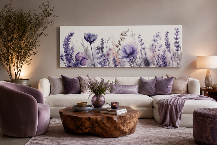 Panoramic framed canvas wall art featuring purple lavender wildflowers above a white sofa.