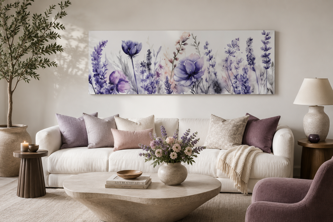 Panoramic framed canvas wall art featuring purple lavender wildflowers above a white sofa.