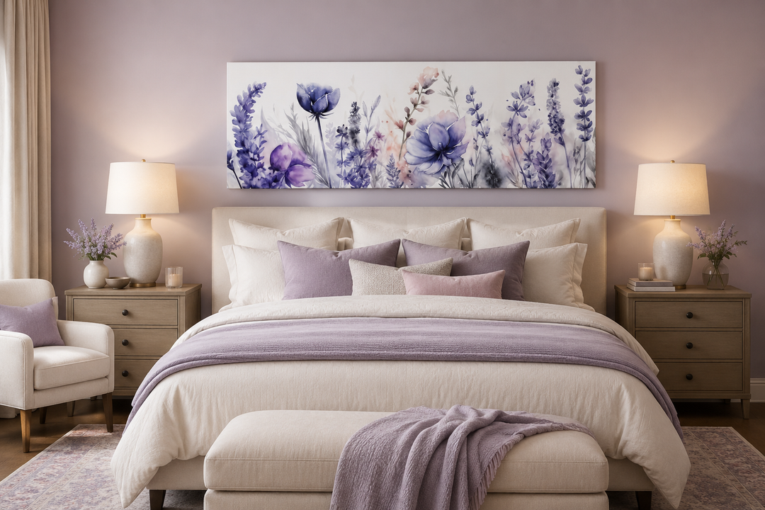 Panoramic framed canvas wall art featuring purple lavender wildflowers above a bed.
