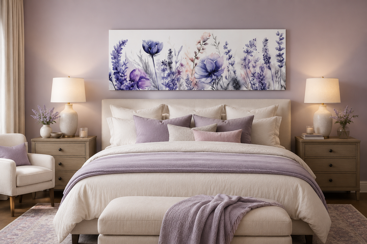 Panoramic framed canvas wall art featuring purple lavender wildflowers above a bed.