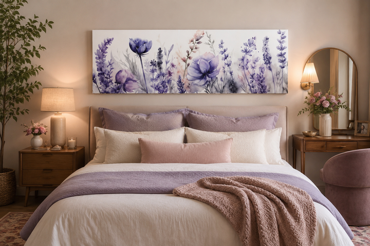 Panoramic framed canvas wall art featuring purple lavender wildflowers above a bed.