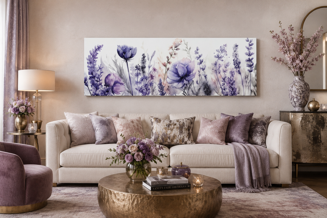 Panoramic framed canvas wall art featuring purple lavender wildflowers above a cream sofa.