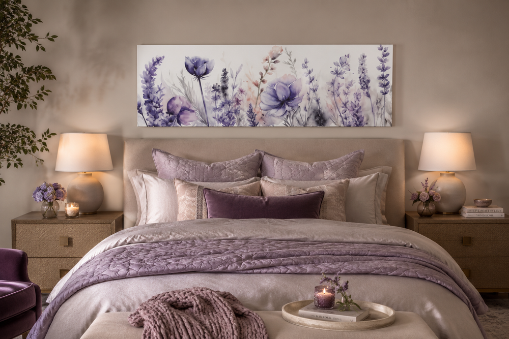 Panoramic framed canvas wall art of purple lavender wildflowers hanging above a bed.