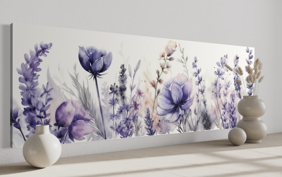 Panoramic framed canvas wall art featuring purple lavender and wildflowers in a watercolor style.