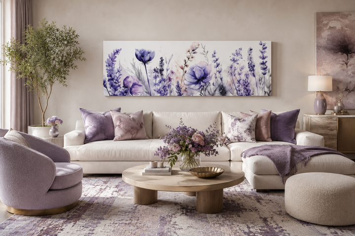 Panoramic framed canvas wall art featuring purple lavender wildflowers above a white sofa.