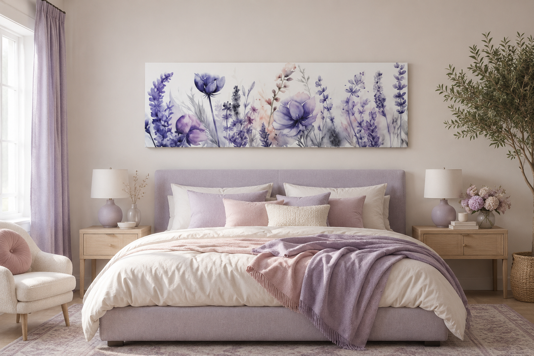 Panoramic framed canvas wall art featuring purple lavender wildflowers above a bed.