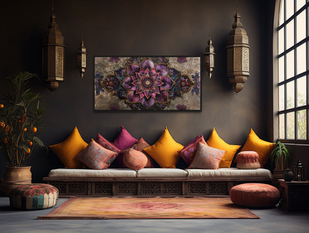 Purple Lotus Mandala Art – Framed Canvas Wall Art, Indian Rug Style Print