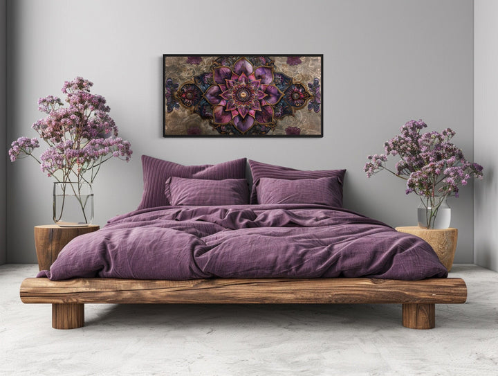 Purple Lotus Mandala Art – Framed Canvas Wall Art, Indian Rug Style Print