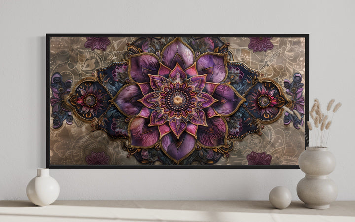 Purple Lotus Mandala Art – Framed Canvas Wall Art, Indian Rug Style Print