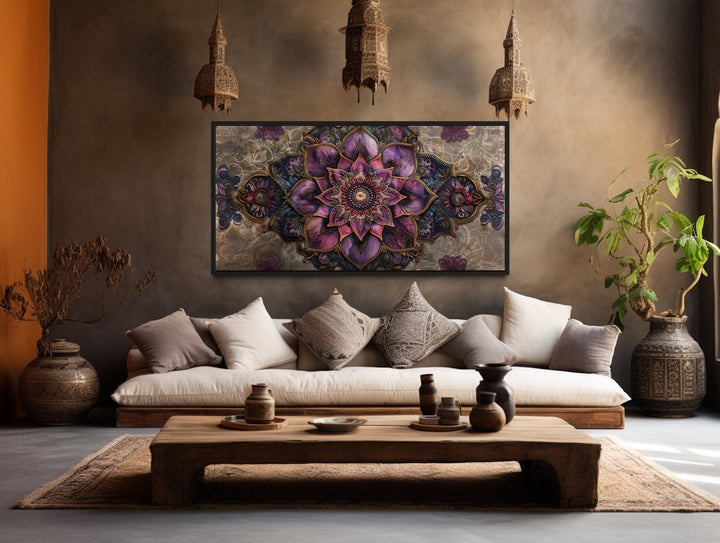 Purple Lotus Mandala Art – Framed Canvas Wall Art, Indian Rug Style Print
