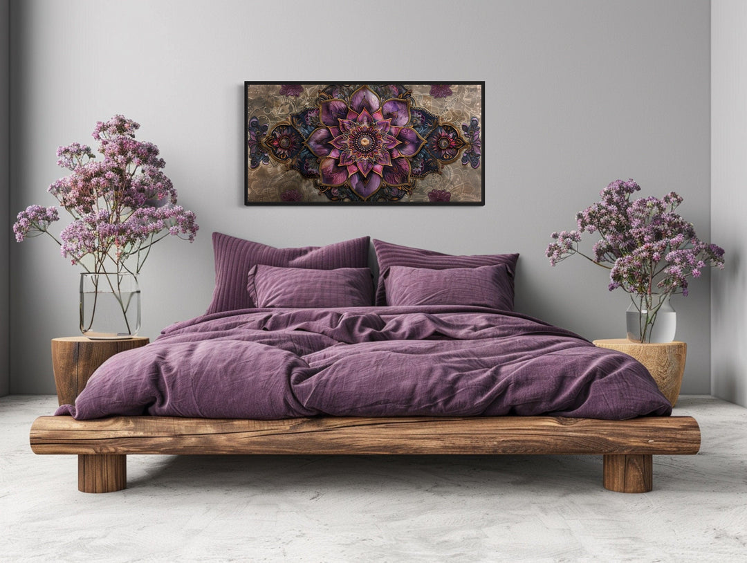 Purple Lotus Mandala Indian Rug Style Framed Canvas Wall Art