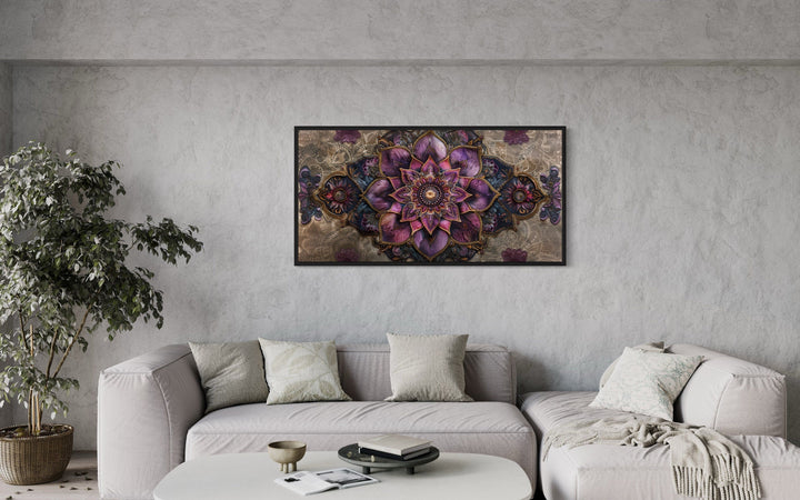 Purple Lotus Mandala Indian Rug Style Framed Canvas Wall Art