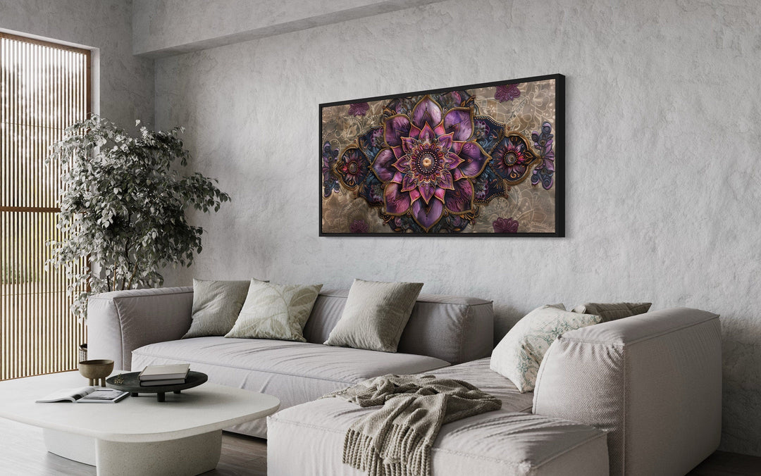 Purple Lotus Mandala Indian Rug Style Framed Canvas Wall Art