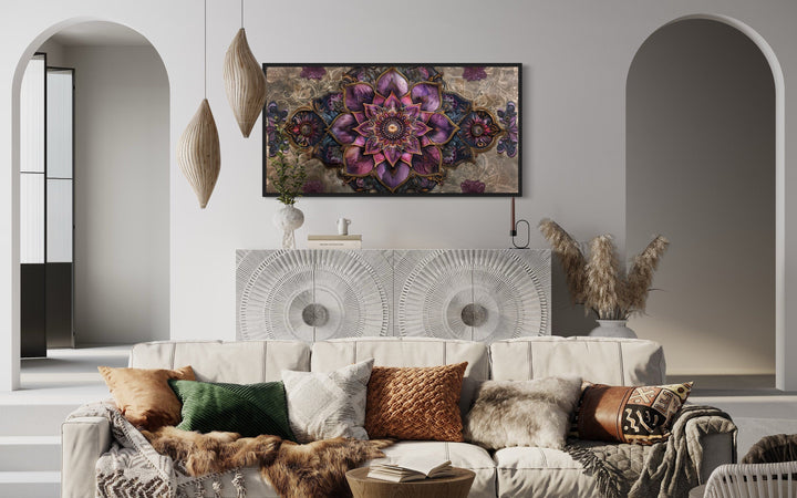 Purple Lotus Mandala Indian Rug Style Framed Canvas Wall Art