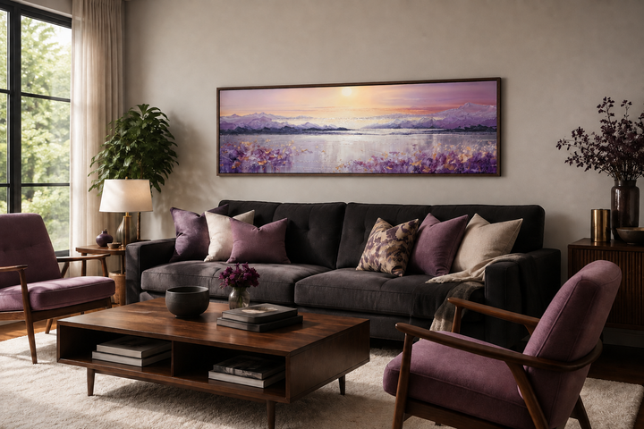 Long horizontal purple mountain lake sunset painting in a dark wood frame above a dark gray sofa.