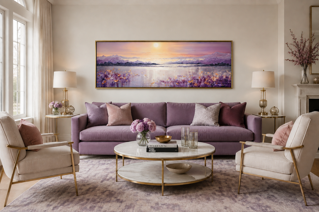 Long horizontal purple mountain lake sunset painting in a gold frame above a purple sofa.