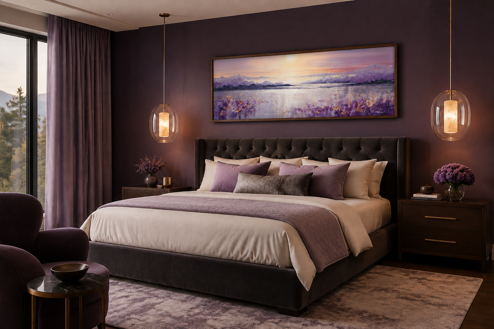 Purple mountain lake sunset painting in a long horizontal frame above a bed in a purple bedroom.