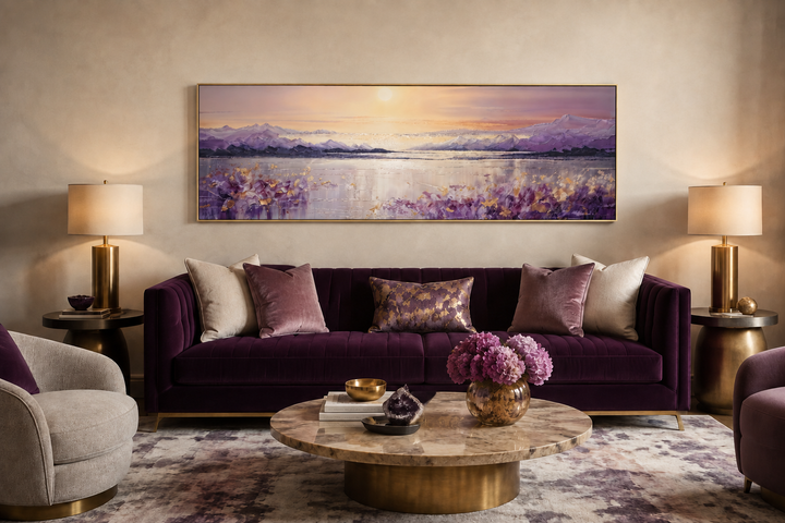 Long horizontal painting of a purple mountain lake sunset above a velvet sofa in a living room.