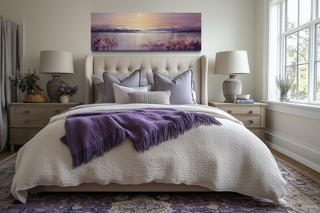 Purple Mountain Lake Sunset Painting long Horizontal Wall Art