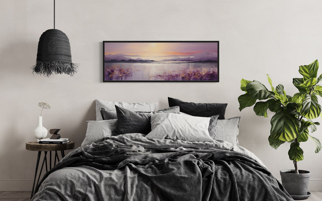 Purple Mountain Lake Sunset Painting long Horizontal Wall Art