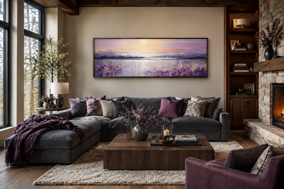 Long horizontal painting of a purple mountain lake sunset hanging above a dark grey sectional sofa.