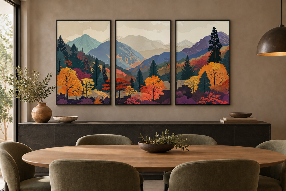 Three-piece framed canvas wall art featuring a purple and green mid-century mountain landscape.