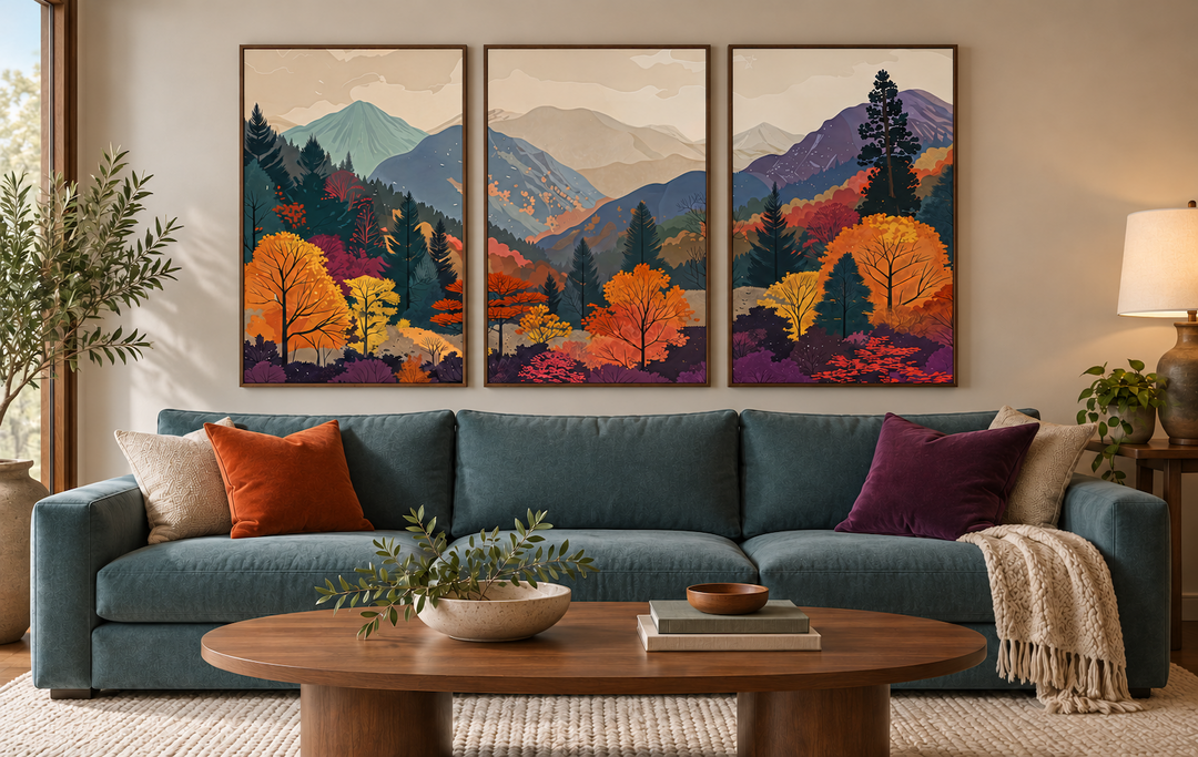 Three-panel framed canvas art featuring a colorful mid-century modern mountain landscape.