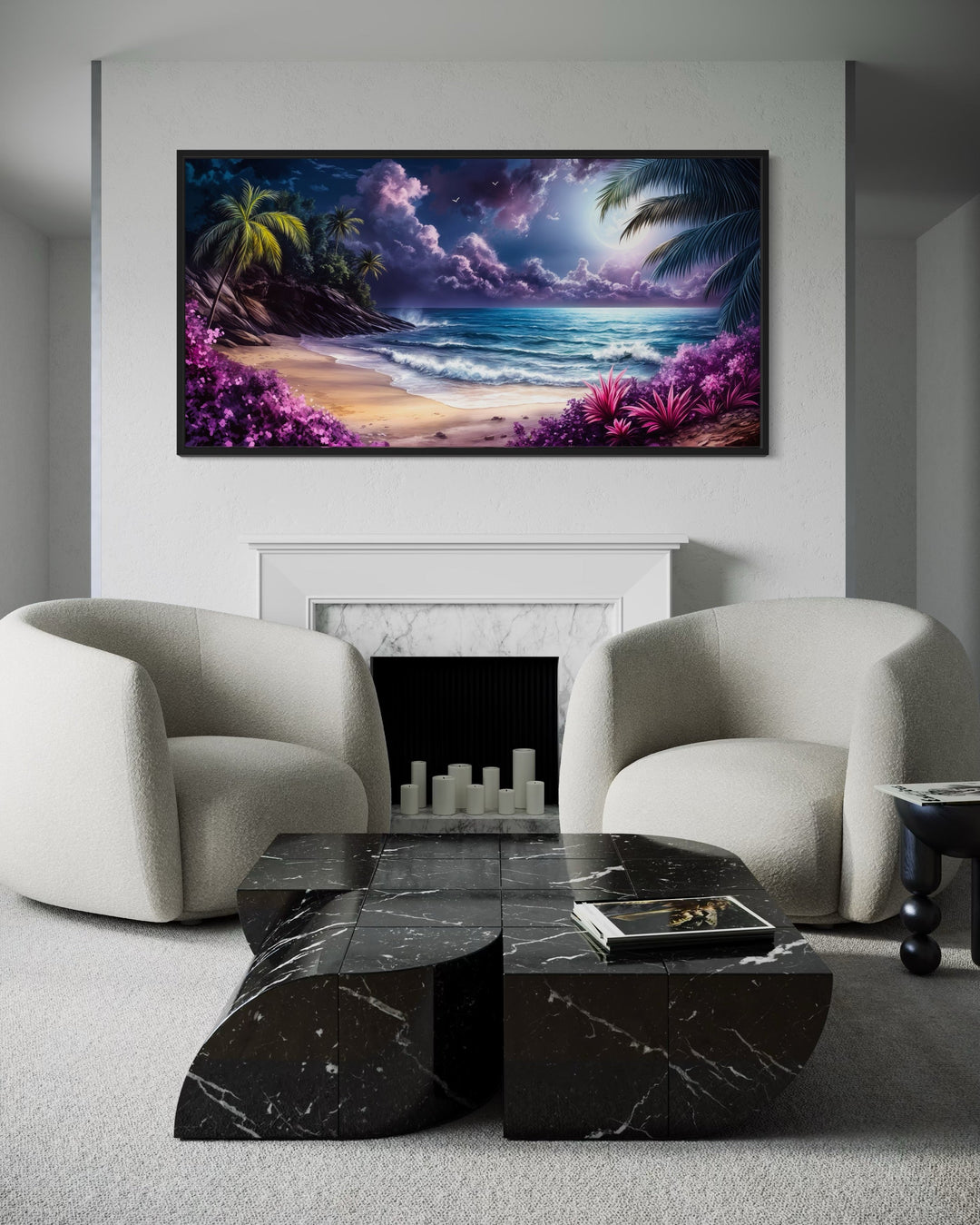 Purple Ocean Beach At Night With Moon Framed Canvas Wall Art