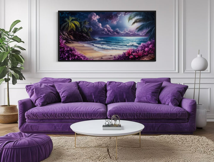 Purple Ocean Beach At Night With Moon Framed Canvas Wall Art