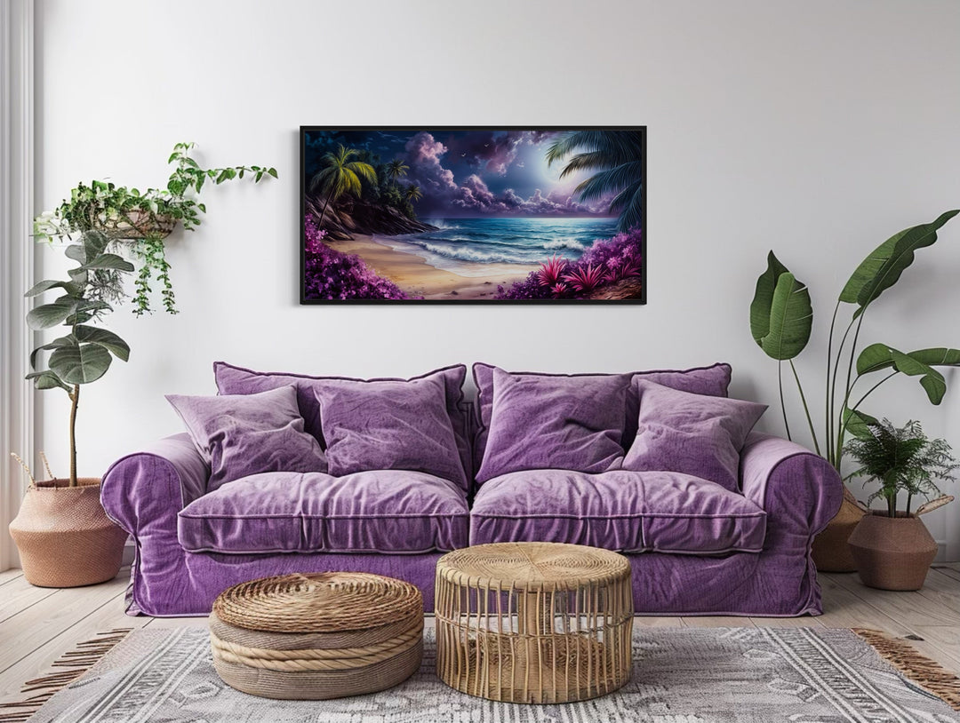 Purple Ocean Beach At Night With Moon Framed Canvas Wall Art