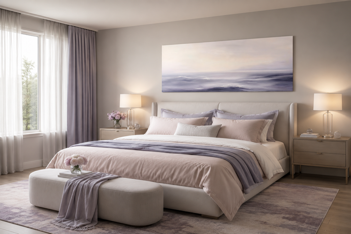 Purple Ocean Waves long horizontal coastal canvas wall art hanging above a bed in a bedroom.