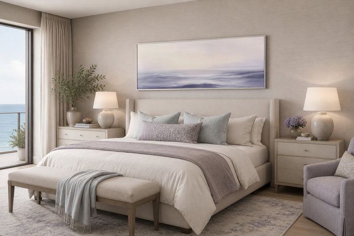 Purple Ocean Waves horizontal coastal canvas wall art hanging above a bed in a neutral bedroom.
