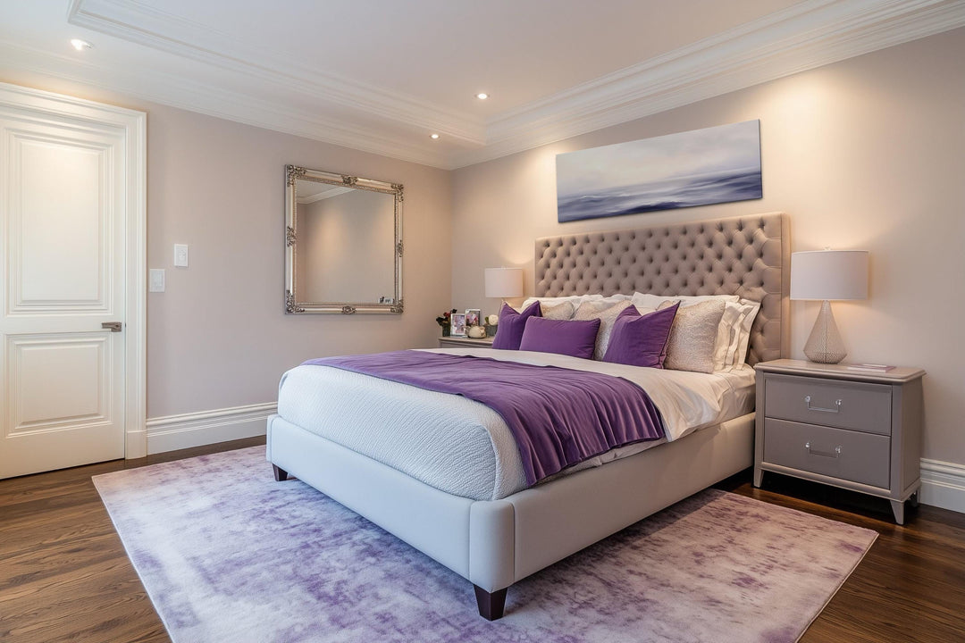 Purple Ocean Waves long horizontal coastal canvas wall art hanging above a bed in a bedroom.