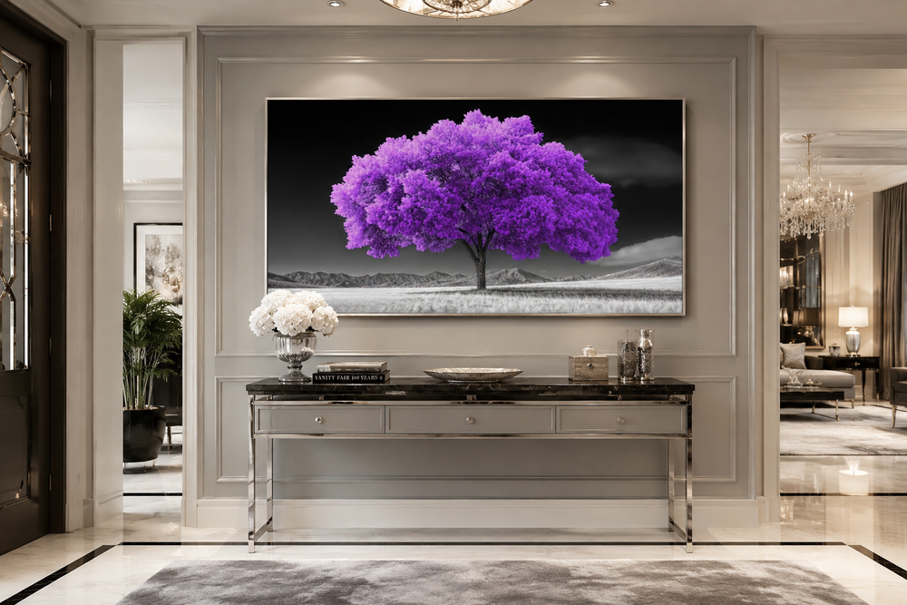 Framed canvas wall art featuring a vibrant purple tree against a black and white landscape.