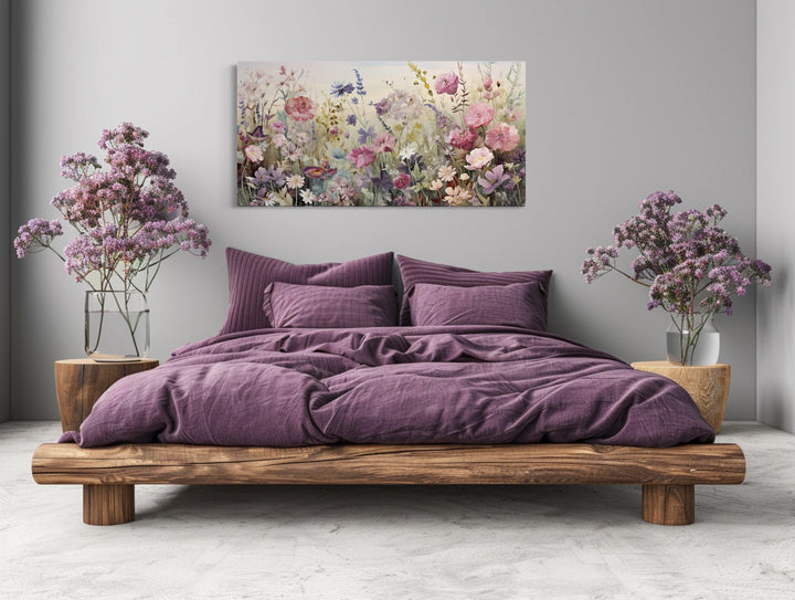 Purple Wildflowers Meadow Rustic Framed Canvas Wall Art